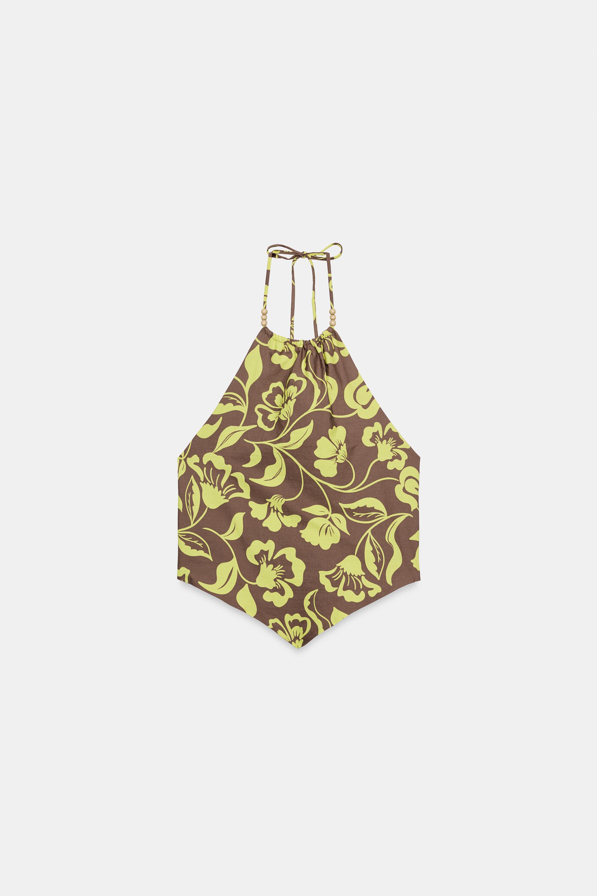 BEADED PRINT HALTER TOP